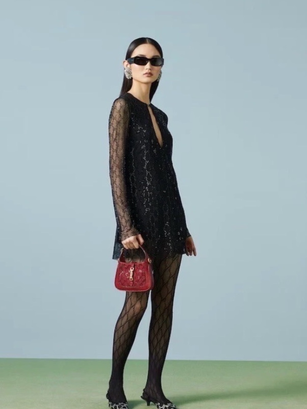 Gucci Black Lace Long-Sleeve Mini silk blend evening dress Dress size M